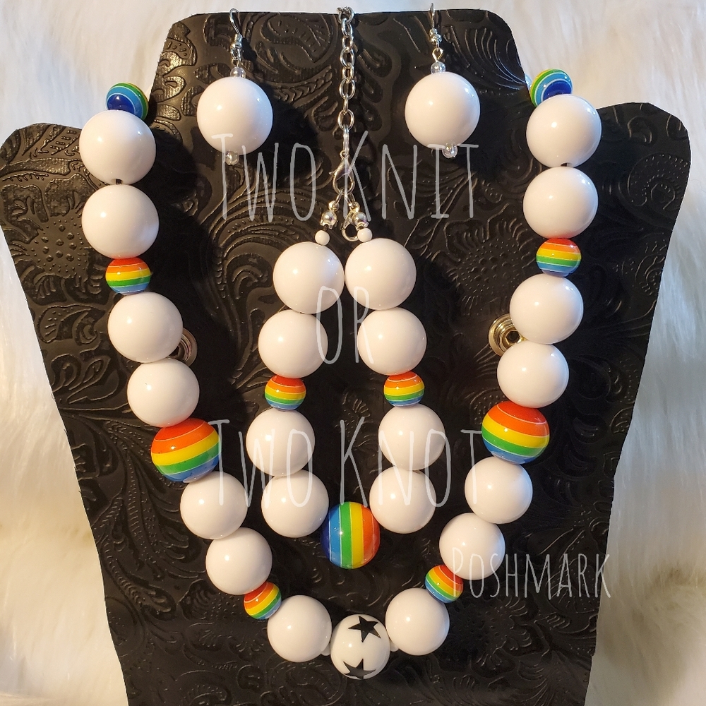 Chunky Beads - Rainbow & White Nylon Necklace Set - Earrings, Bracelet, Necklace